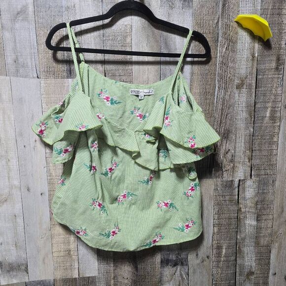 Gypsies & Moondust Ruffled Gingham Floral Embroidered Cold Shoulder Blouse - Picture 2 of 6